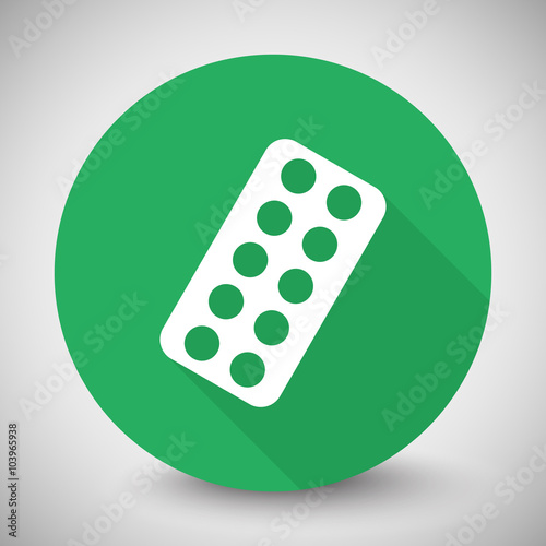 White Tablet Strip icon with long shadow on green circle