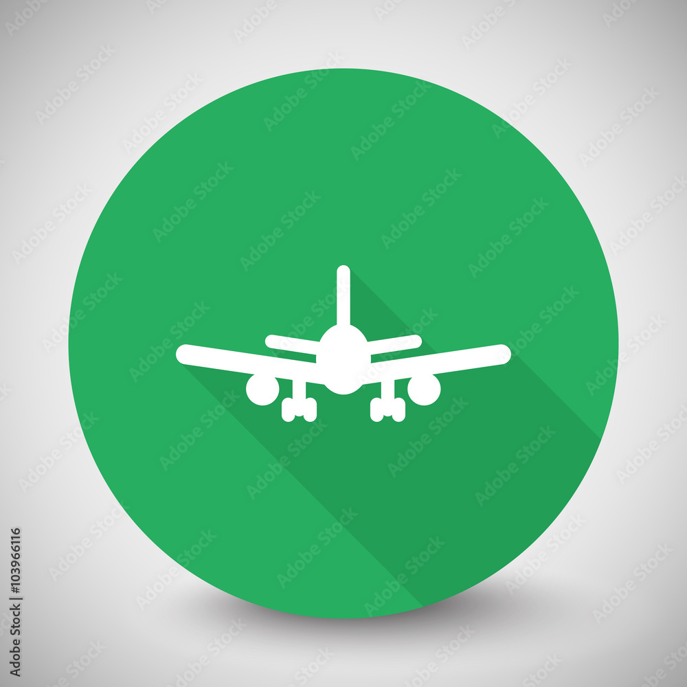 White Airplane icon with long shadow on green circle White Airplane icon with long shadow on green circle