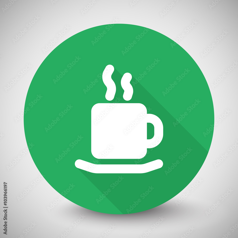 White Coffee icon with long shadow on green circle White Coffee icon with long shadow on green circle