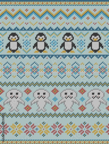 Knitted bright seamless winter pattern with stylized penguins and seals in fair isle style. Vector illustration.