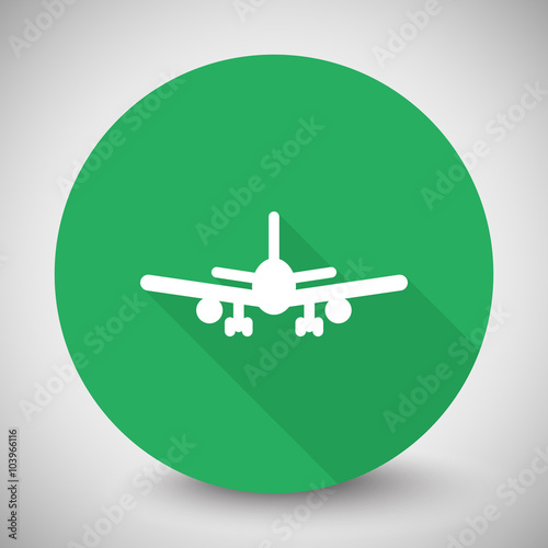 White Airplane icon with long shadow on green circle