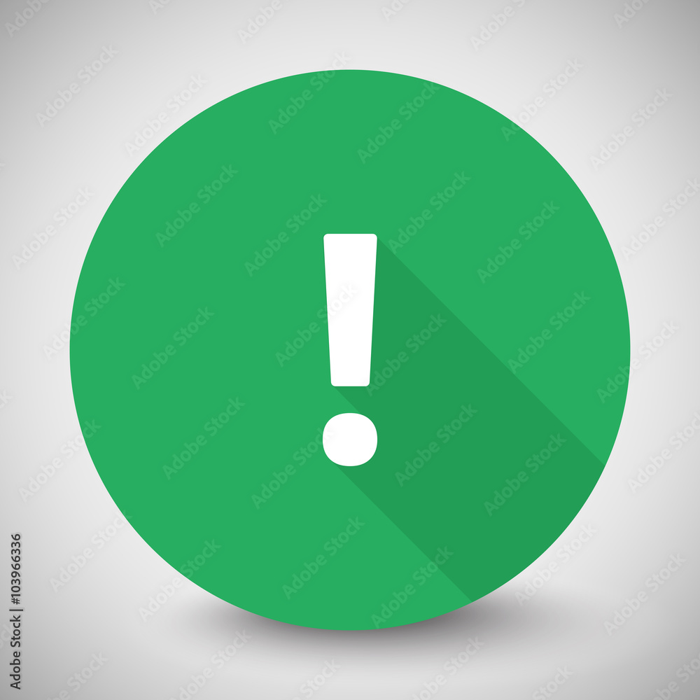 White Exclamation Mark icon with long shadow on green circle White Exclamation Mark icon with long shadow on green circle
