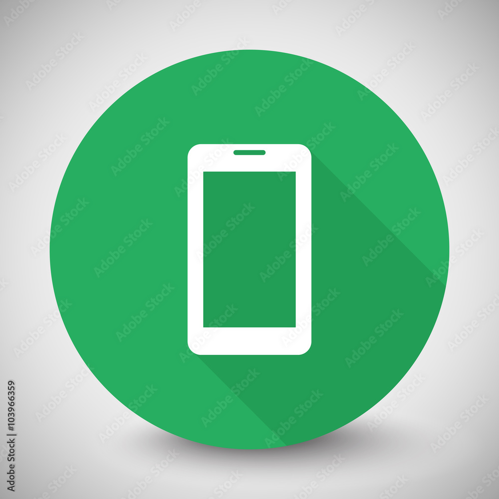 White Mobile Phone icon with long shadow on green circle White Mobile Phone icon with long shadow on green circle