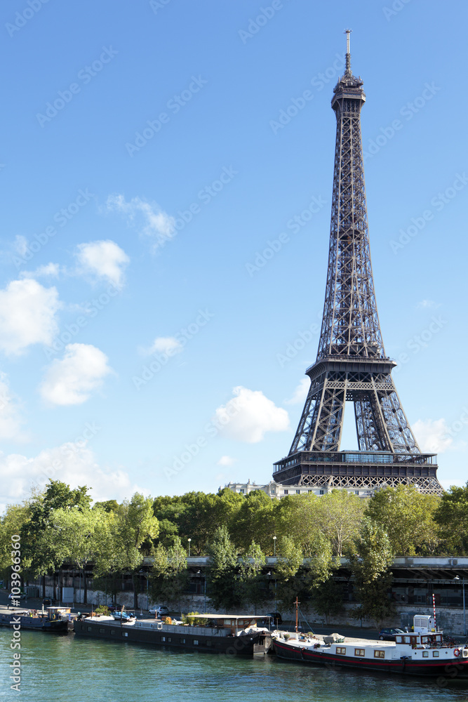 Eiffel Tower Paris France vertical landscape river seine and boats in the foreground photo vertical