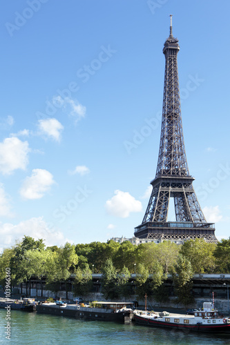 Eiffel Tower Paris France vertical landscape river seine and boats in the foreground photo vertical © david_franklin