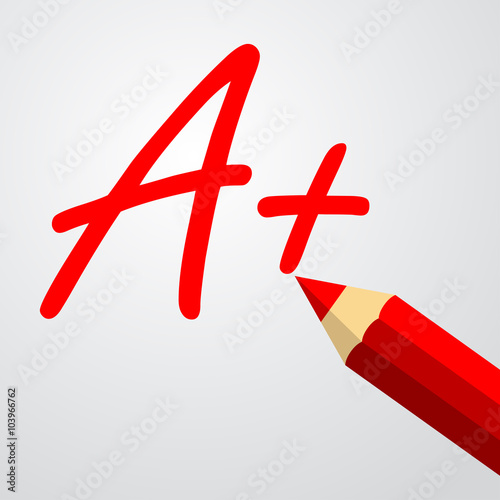 Icono plano texto A plus con lapiz rojo