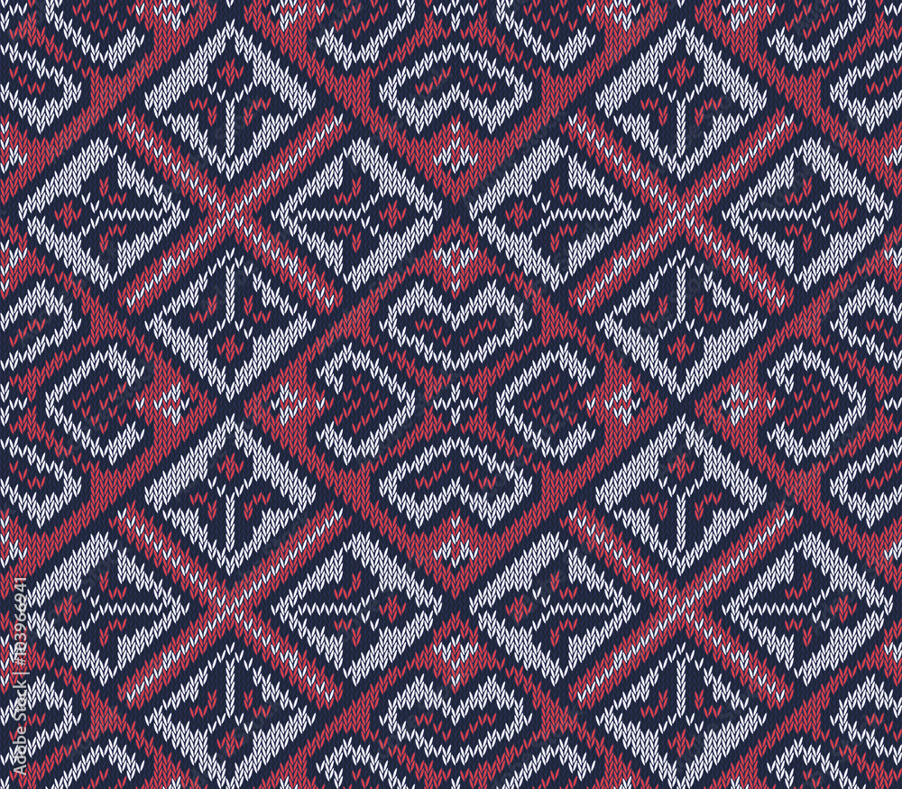 Knitted background in Fair Isle style in three colors. Seamless sweater pattern. Vector illustration.