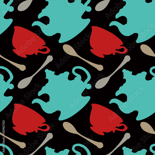 Seamless pattern with cups, spoon, teapot