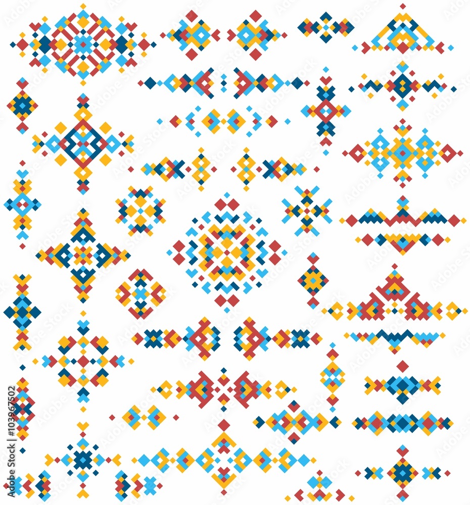 Set of bright geometric tribal design elements. Vector illustration in pixel art style. Set of bright geometric tribal design elements. Vector illustration in pixel art style.