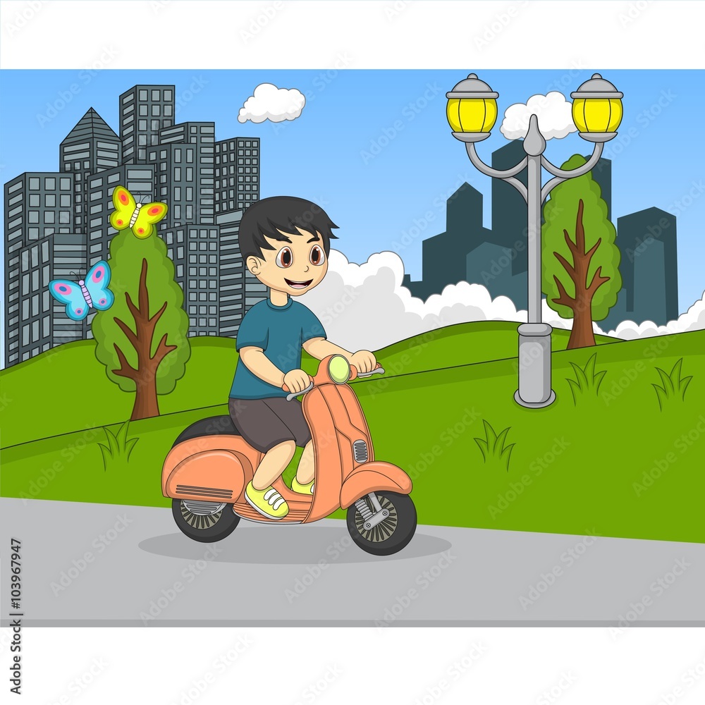 The boy riding a scooter in the park cartoon