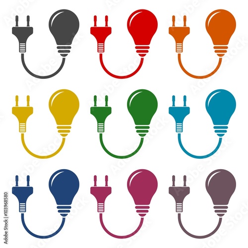 Electric plug and bulb sign icons set