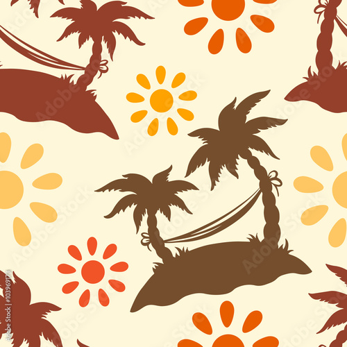 Seamless pattern with palm trees, sun