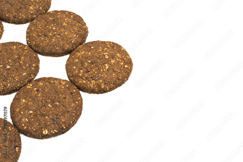 Cocoa biscuits with fiber, gluten-free on a white background Cocoa biscuits with fiber, gluten-free on a white background