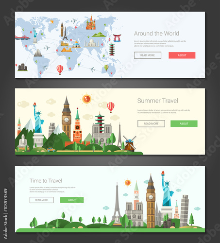Flat design banners, headers set illustration with world famous landmarks 