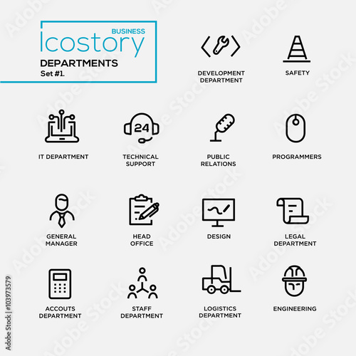 Set of office departments line flat design icons and pictograms. 