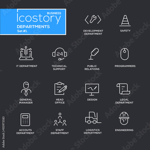 Set of office departments line flat design icons and pictograms. 