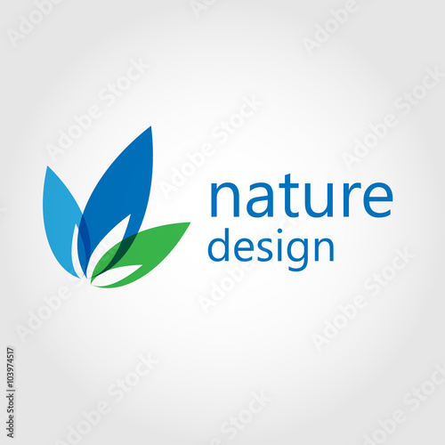 Modern nature logo design with colorful blue and green leaves and nature design text.