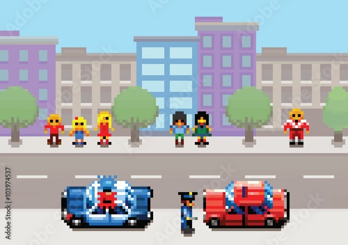 A car stopped by the police pixel art video game style layer illustration