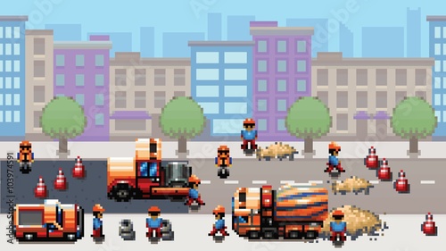 road works - pixel art urban scene game style vector layer