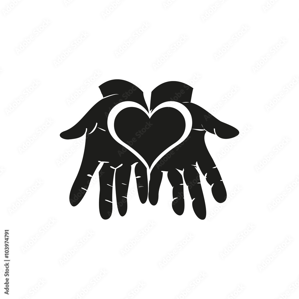 Black Pictograph of heart in hands on white Black Pictograph of heart in hands on white
