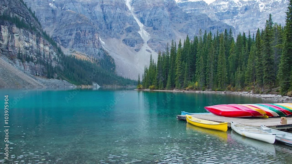 Canoes at a dock in Moraine lake