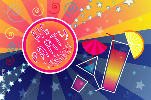 Background for club.
Pink-yellow-blue background with stars, stylized images of drinks (cocktailes). Contains space for text with inscription by hand "Big party tonight".