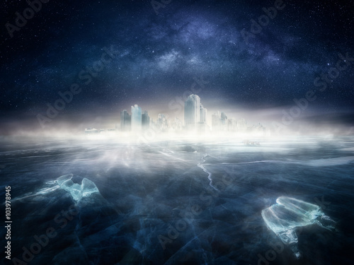 Frozen city in icy landscape under the night sky