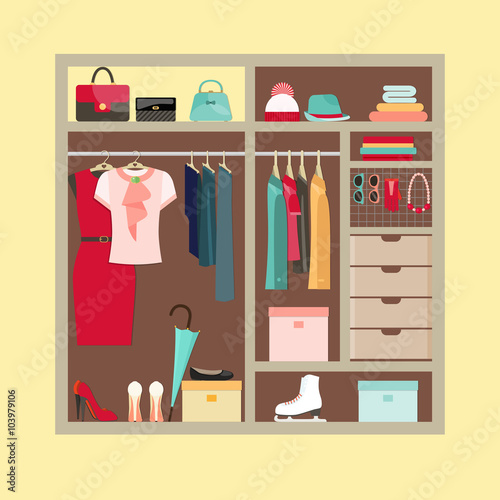 Wardrobe room full of woman's cloths and accessories. Flat style vector illustration.