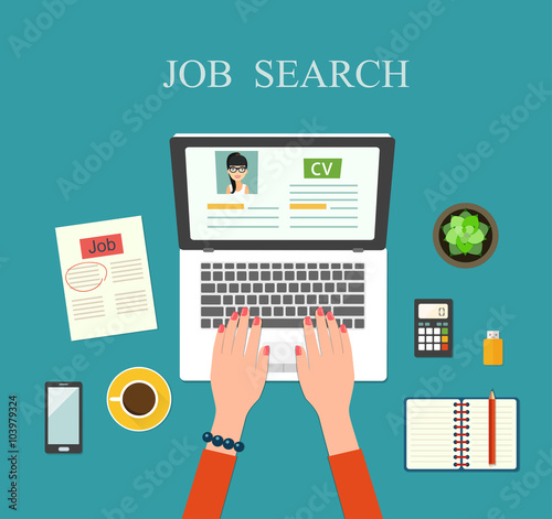 Job searching concept.Top view of workplace with documents and laptop. flat design vector illustration.