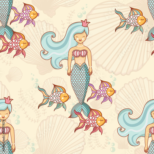 Marine seamless pattern with fish and mermaids