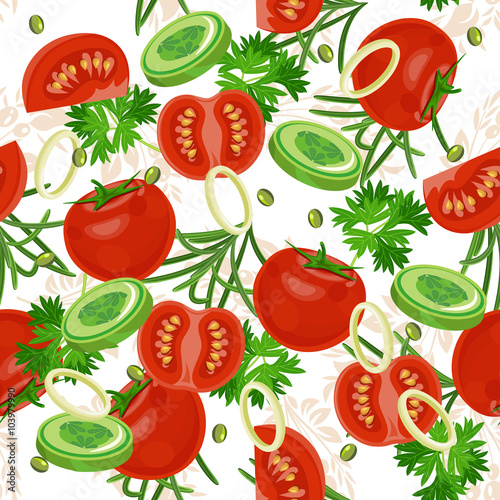 Fototapeta Naklejka Na Ścianę i Meble -  Seamless pattern with vegetable organic food. Seamless background with cucumber, onions, tomato. 