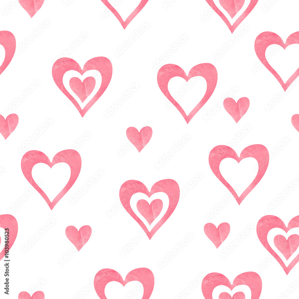 Watercolor hearts seamless pattern. Romantic vector background with painting hearts isolated on white. 