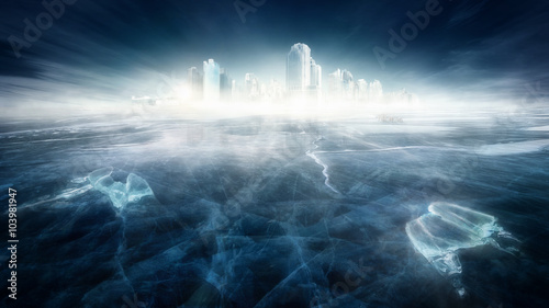 Frozen city in icy landscape