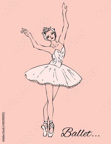 Ballerina in white tutu and pointe shoes on a pink background