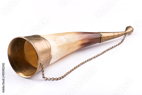 Old horn for wine on white background