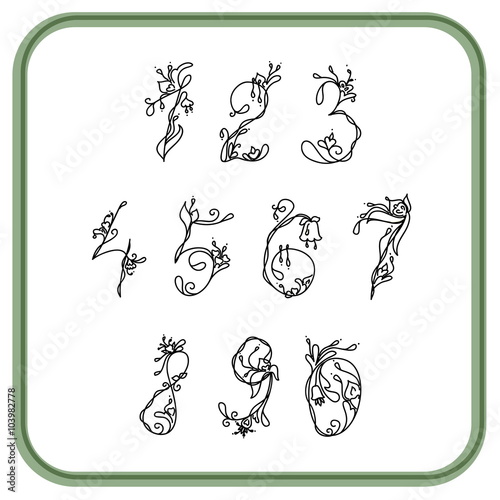 Numbers with exotic flowers white and black for writing