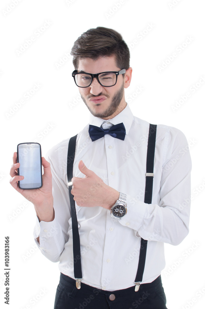 Young man showing a blank smart phone screen Young man showing a blank smart phone screen