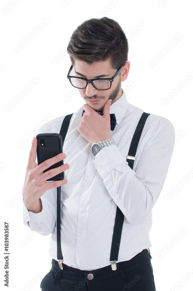 Upset stressed man holding cell phone and reading massage Upset stressed man holding cell phone and reading massage
