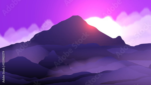 Sunrise in Purple Foggy Mountains Animation Pan
