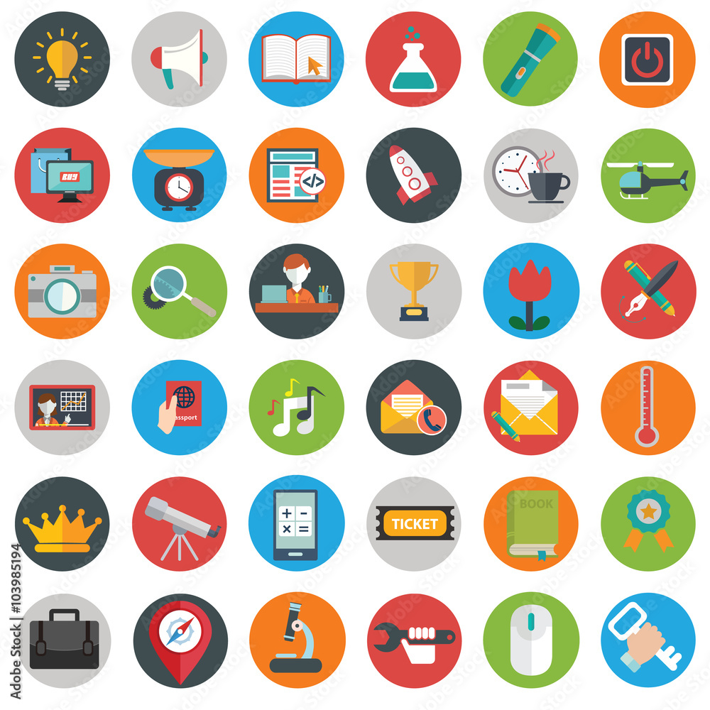 Flat icons design modern vector illustration big set of various financial service items, web and technology development, business management symbol, marketing items and office equipment on background