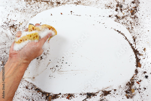 Hand with wet sponge washing a very dirty surface