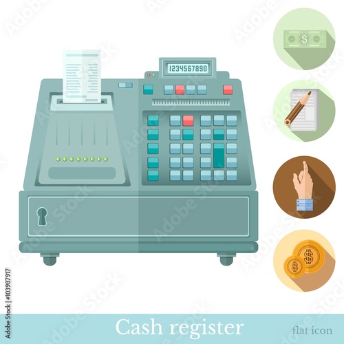 flat cash register with circle icons bank note hand pointer coin note