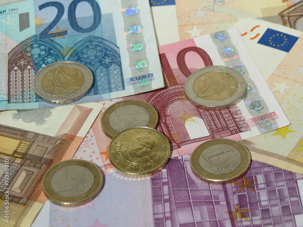 Euro coins and notes