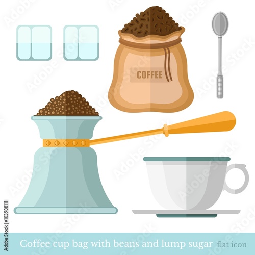 flat coffee cup bag spoon lump sugar coffee beans turk on white