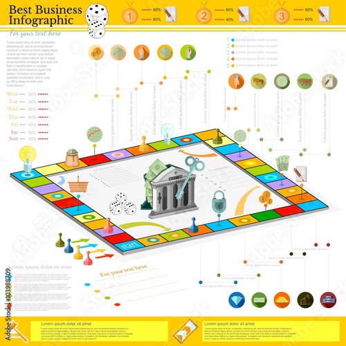 flat business infographic background with finanial board game game cells, dice, game pieces, money, pointer, icon etc