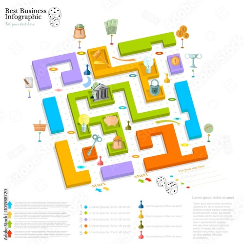 flat business maze infographic background top view with finanial board game game cells dice game pieces money