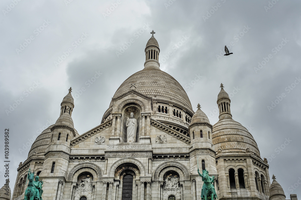 Pigeon flies over Sacre Coeur Basilica