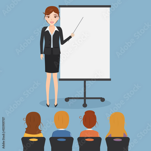 Business woman in suit making presentation explaining chart on a