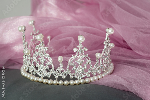 Wedding vintage crown of bride, pearls and veil.
