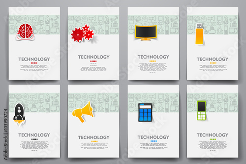 Corporate identity vector templates set with doodles technology theme